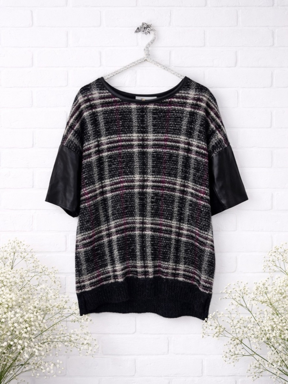 St John Plaid Mohair Wool Blend Leather Trim Short Sleeve Sweater Size L
